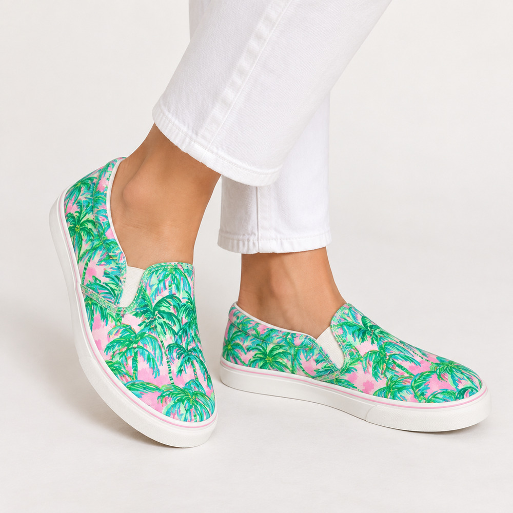 Lilly Pulitzer Julie Canvas Slide Sneaker Pink Blossom Suite Views Palm Tree 8M